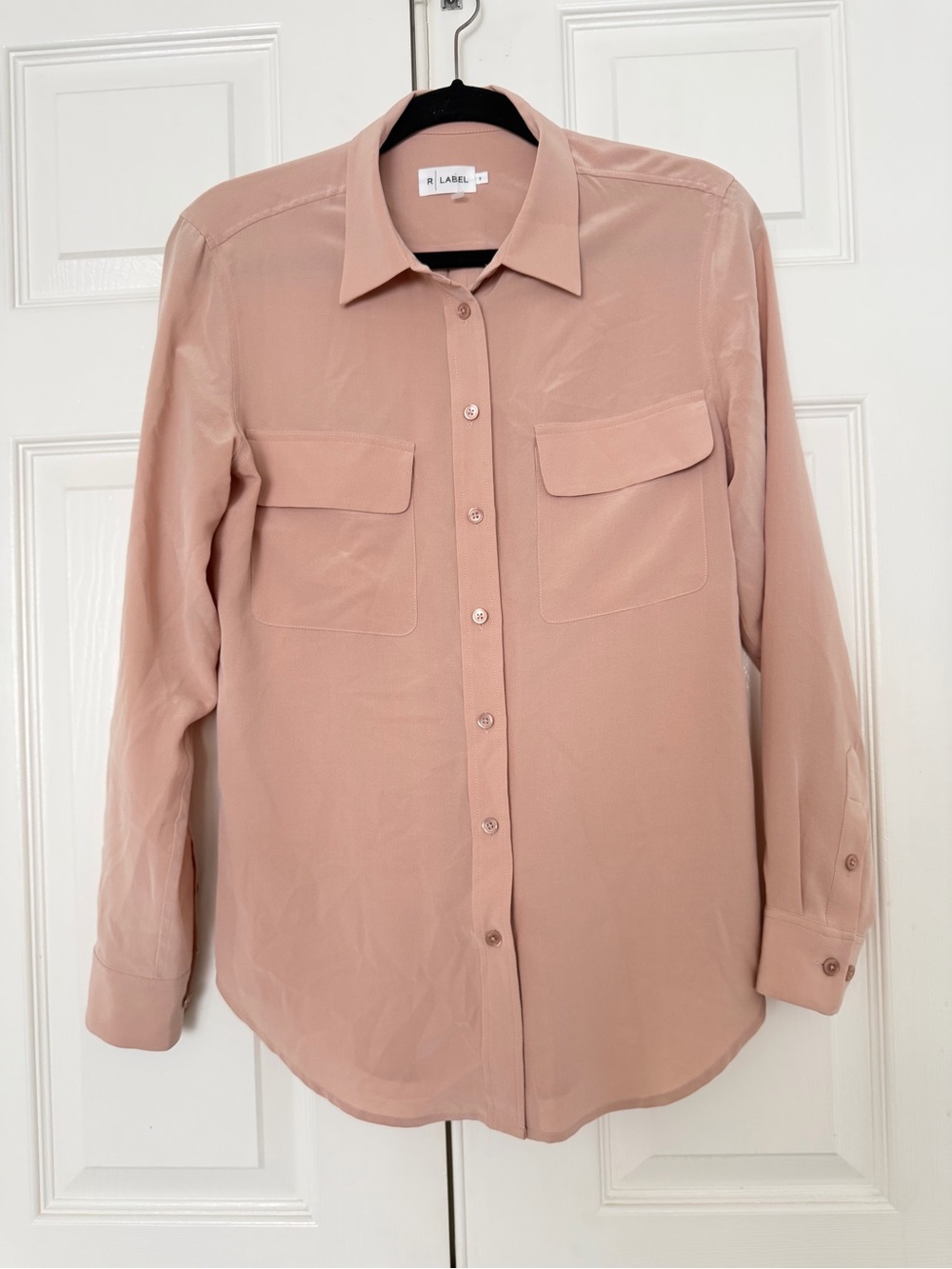 R Label Women's Blush Pink Button-Down Shirt 100% Silk Long Sleeve